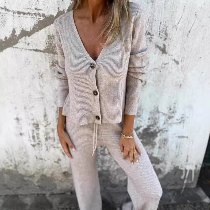 Damen Strickanzug V-Ausschnitt Elegant Knöpfe Norvielle