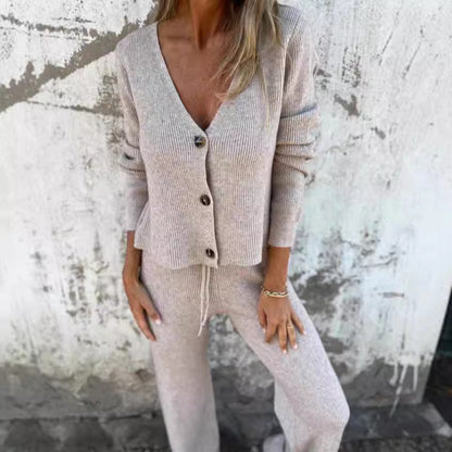 Damen Strickanzug V-Ausschnitt Elegant Knöpfe Norvielle