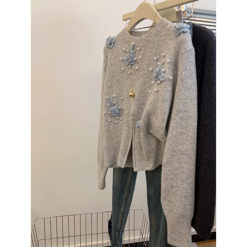 Damen Pullover Strukturiertes Blumendesign Perlenverzierungen