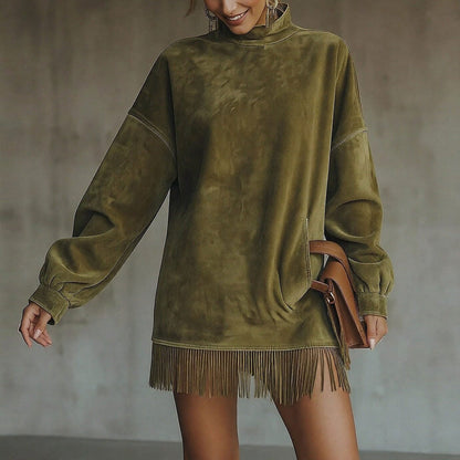 Damen Sweatkleid mit Fransen und hohem Kragen Norvielle - Norvielle