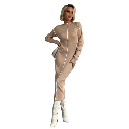 Damen Strickkleid Figurbetont Kontrastnähte Norvielle