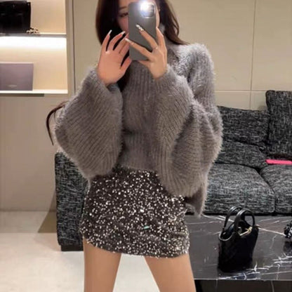 Damen Rollkragenpullover Puffärmel Norvielle
