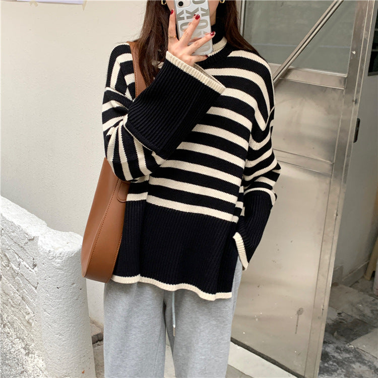 Damen Strickpullover Gestreift Komfortschnitt Beige