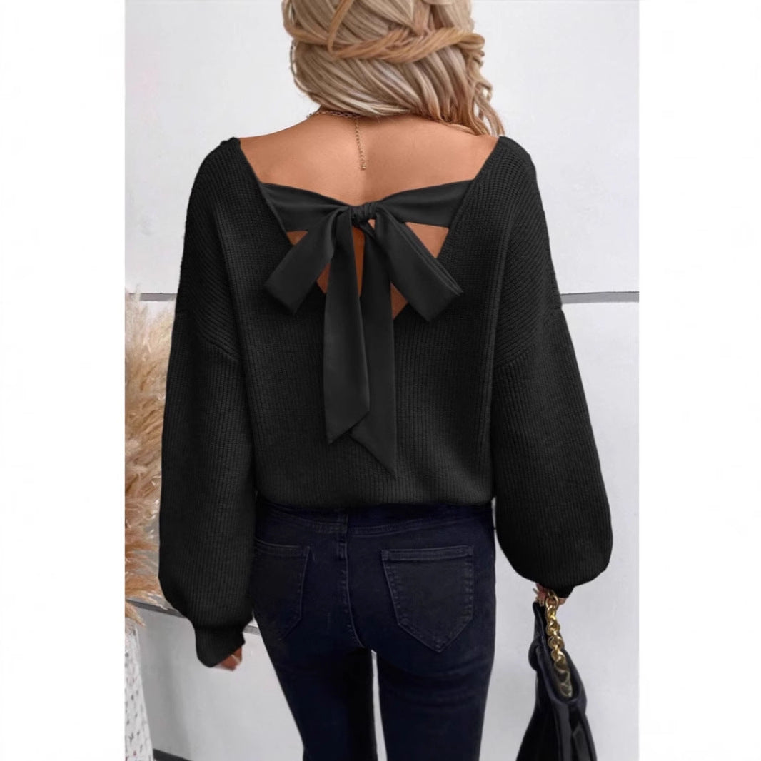 Damen Strickpullover V-Ausschnitt Dekoratives Schleifendetail - Norvielle