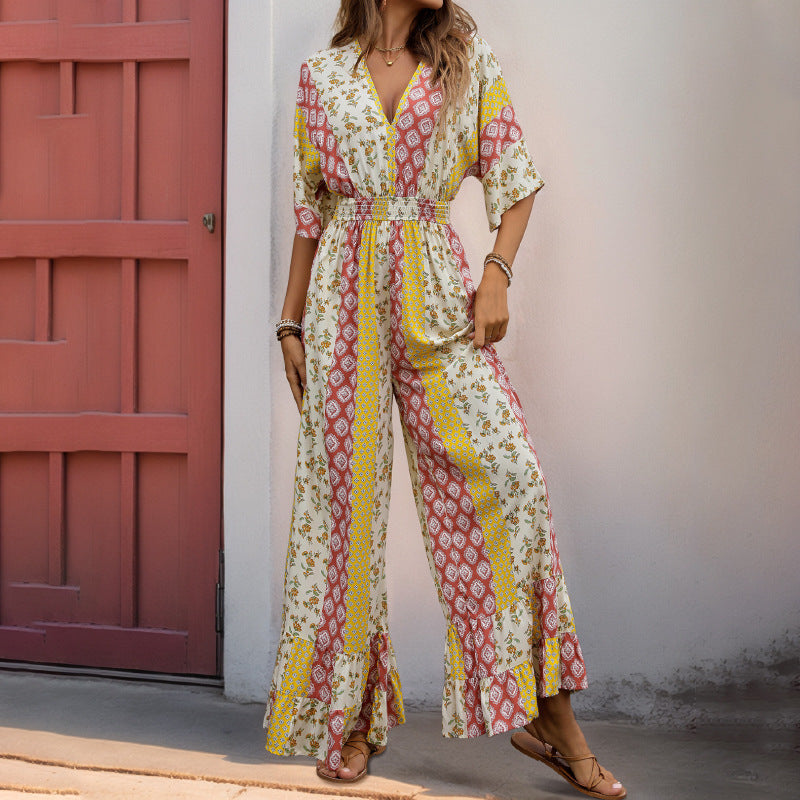 Damen Jumpsuit Floralmuster Weite Beine Norvielle