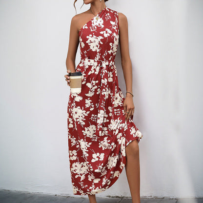Damen Maxikleid Asymmetrischer Ausschnitt Florales Muster