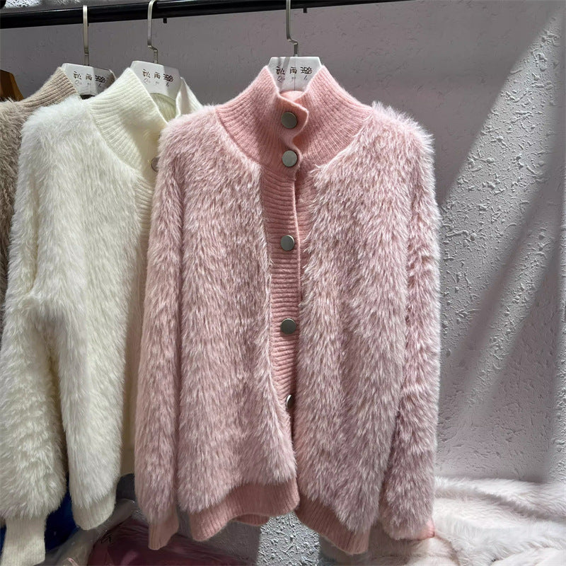 Damen Strickjacke Kuschelig Knopfverschluss Hochkragen Norvielle