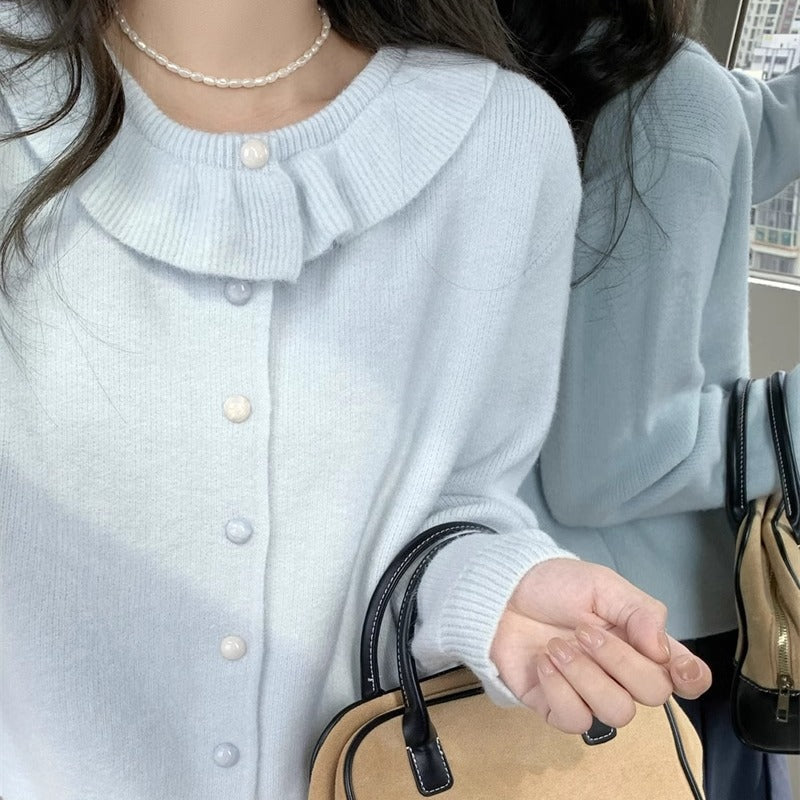 Damen Strickpullover Romantischer Rüschenkragen Feine Knöpfe Norvielle