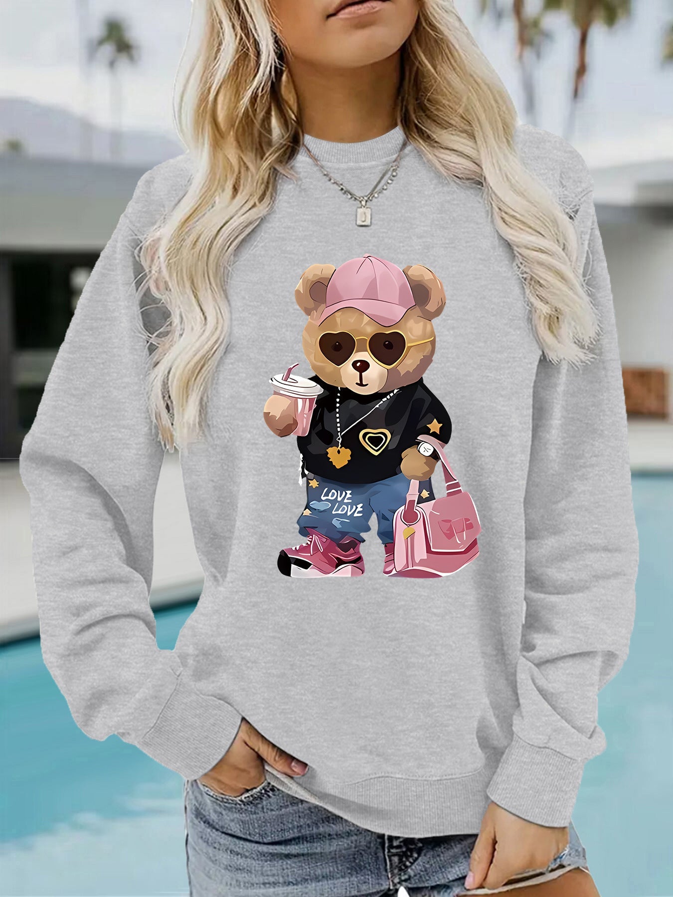 Damen Sweatshirt Cartoon Bär Motiv Weiß