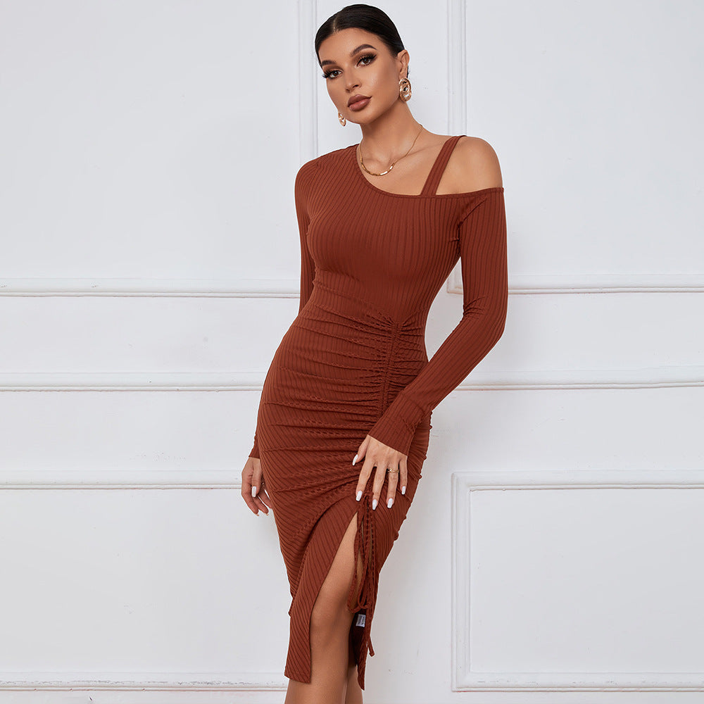 Damen Rippkleid One-Shoulder Ausschnitt Raffung