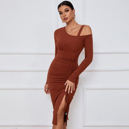 Damen Rippkleid One-Shoulder Ausschnitt Raffung