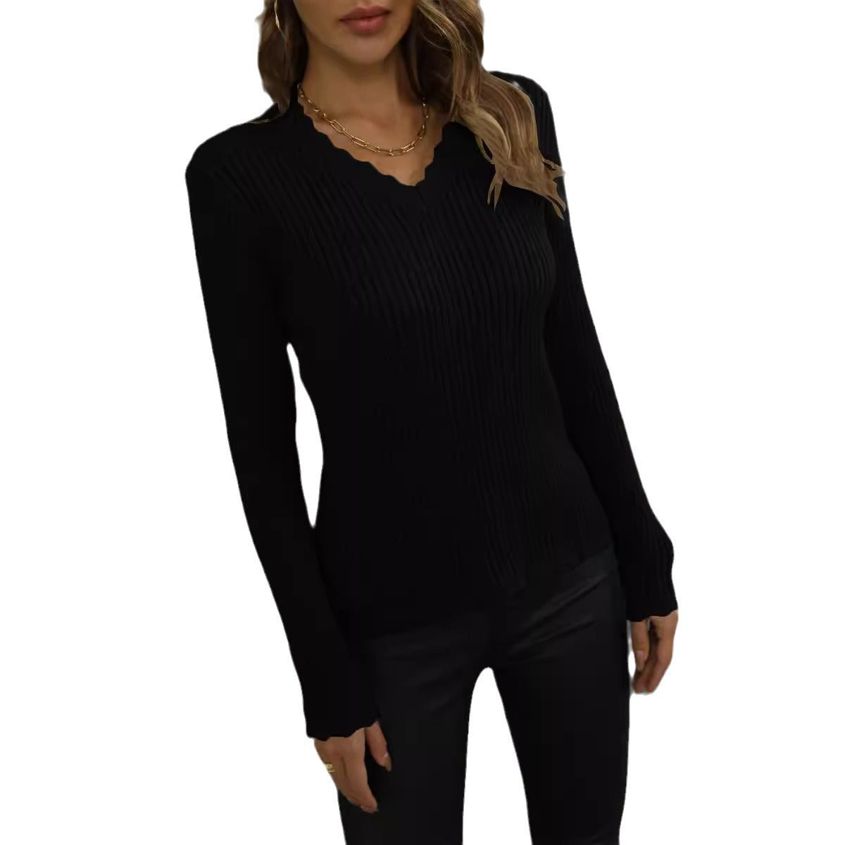 Damen Rippenpullover V-Ausschnitt Wellenkante Norvielle
