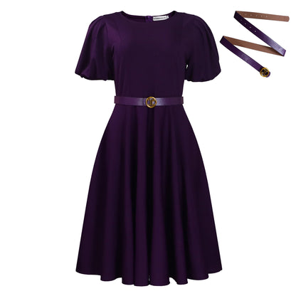 Damen Midi-Kleid Puffärmel Taillengürtel