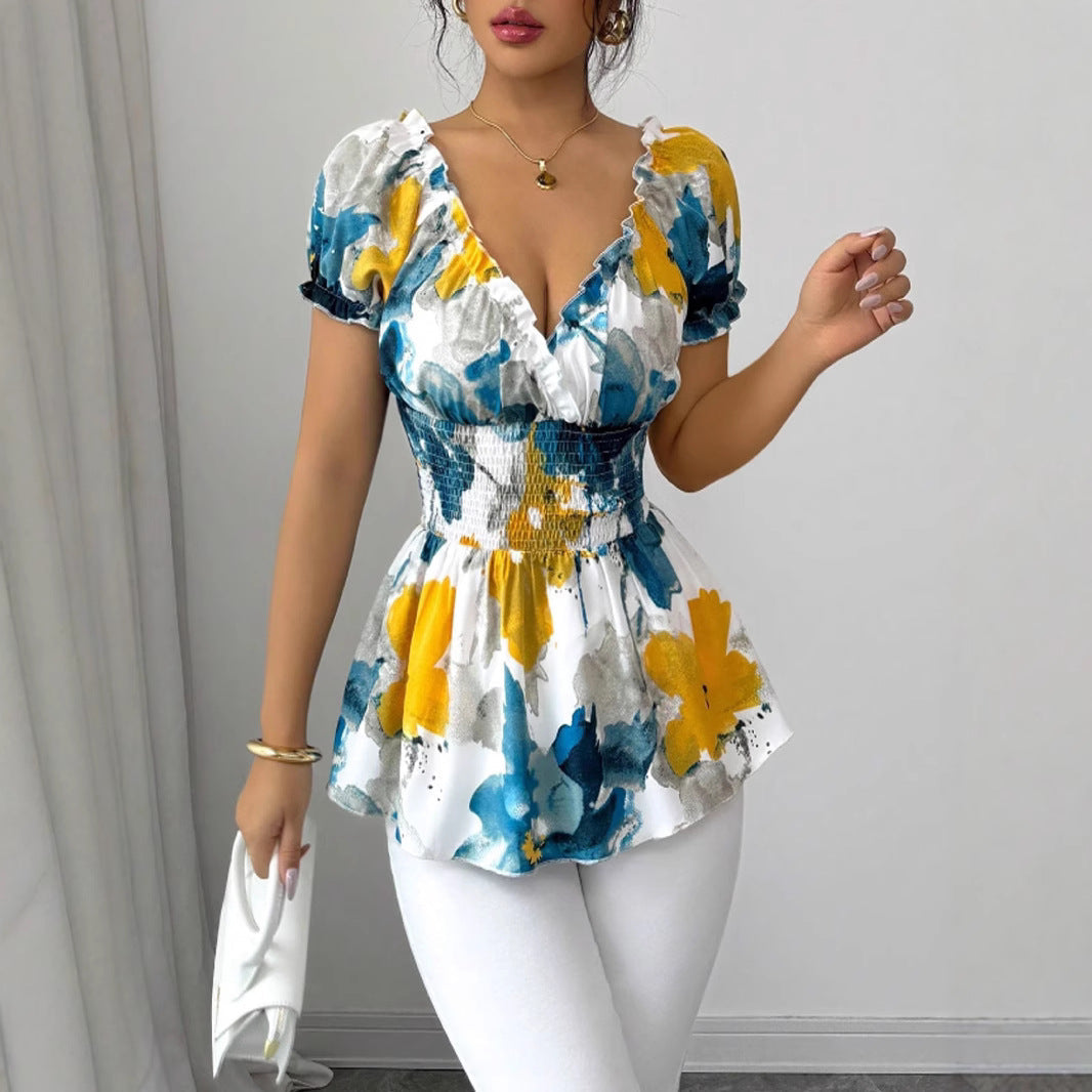 Damen Bluse Elastisch Rüschen Blume Weiss - Norvielle
