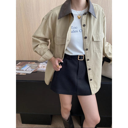 Damen Utility-Hemdjacke Kontrastkragen Praktische Taschen Norvielle - Norvielle