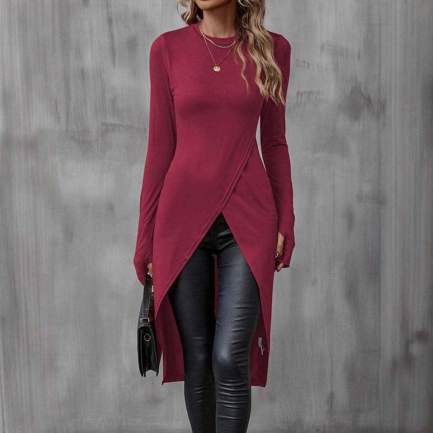 Damen Wickelkleid Langarm Asymmetrisch