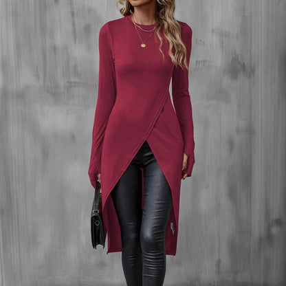 Damen Wickelkleid Langarm Asymmetrisch