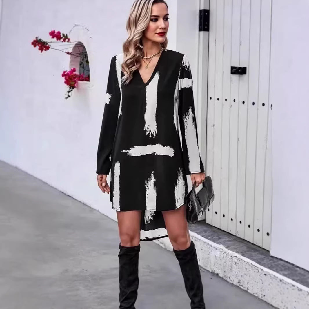 Damen Langarmkleid mit Pinselstrich-Design und kreativem Muster