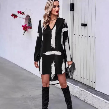 Damen Langarmkleid mit Pinselstrich-Design und kreativem Muster