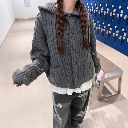 Damen Grobstrickjacke Kapuze Große Taschen Norvielle