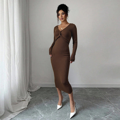 Damen Jersey-Kleid Figurbetont mit Twist-Detail und Langärmlig Schwarz - Norvielle