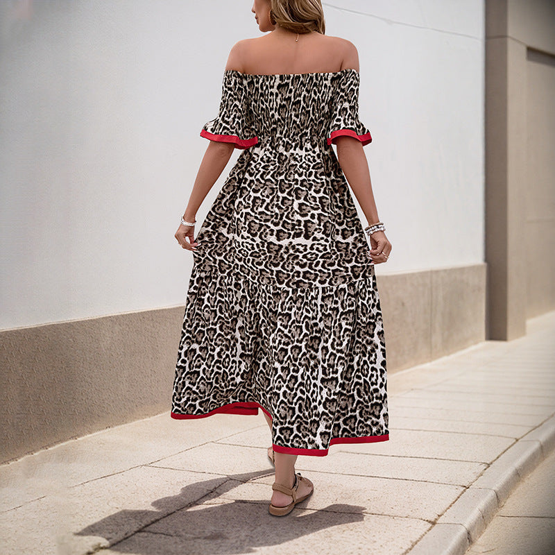 Damen Maxikleid Off-Shoulder Rüschendetails Tiermuster