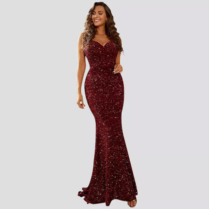 Damen Abendkleid Glitzer Herz-Ausschnitt Schwingrock