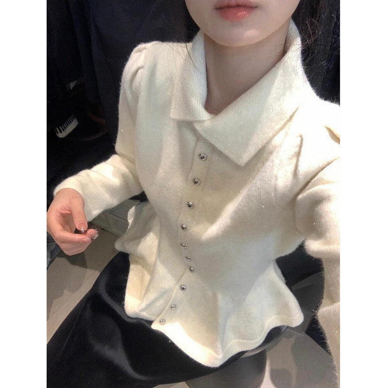 Damen Peplum- Weiches Strick Elegante Knöpfe