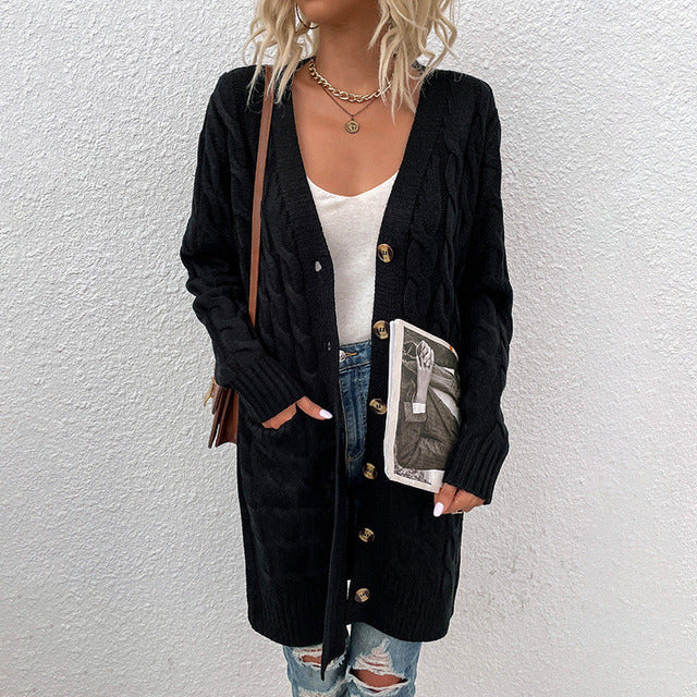 Damen Langcardigan Strick mit Knöpfen und Taschen