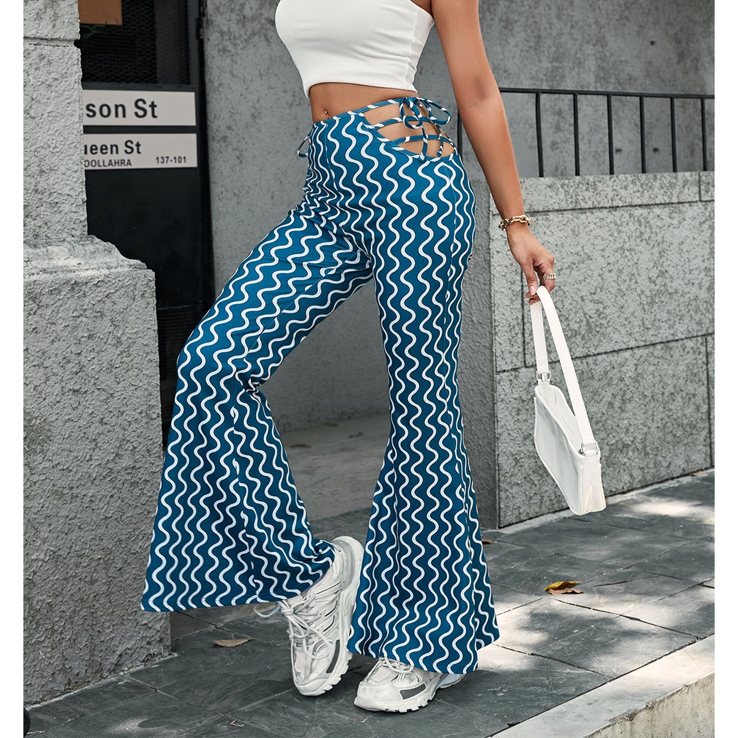 Damen High-Waist Schlaghose Wellenmuster mit Schnürdetails - Norvielle