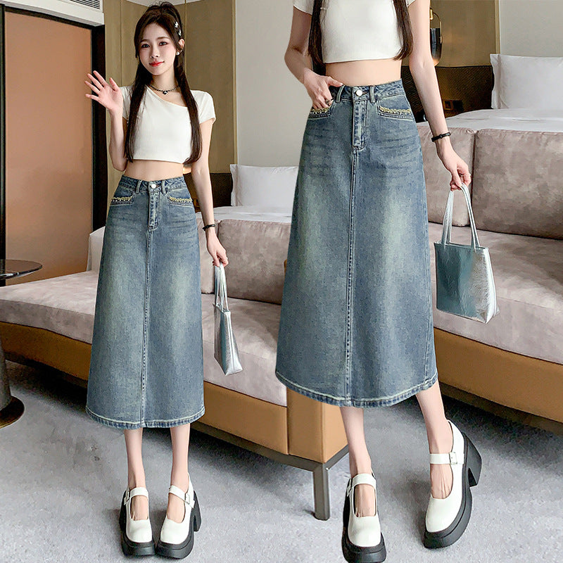 Damen Denim Midi-Rock Schwingender Saum