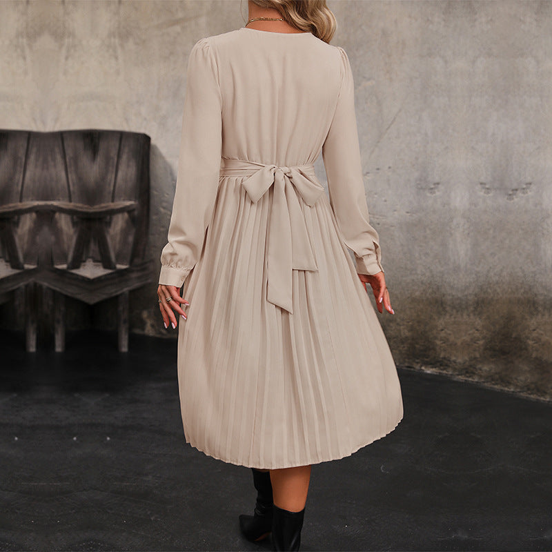 Damen Midikleid Plissiert Elegante Taillierung Langer Ärmel Norvielle