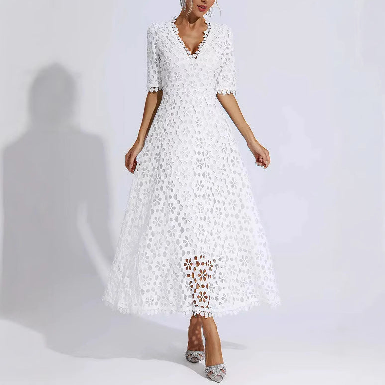 Damen Maxikleid Blumenstickerei V-Ausschnitt Norvielle - Norvielle