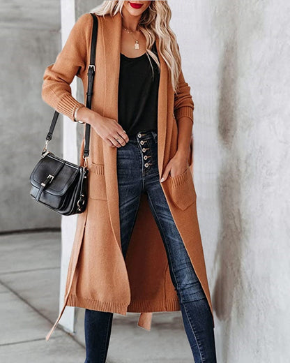 Damen Wickelcardigan Grobstrick Modern mit Taschen Beige