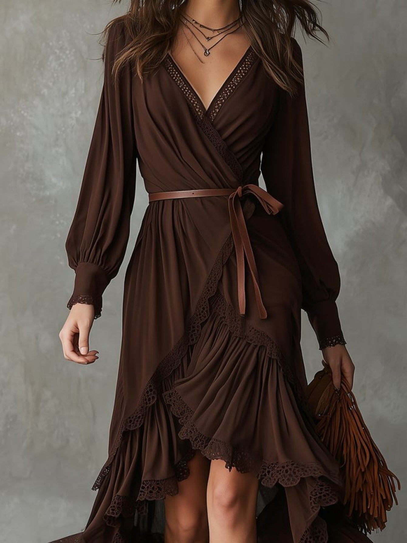 Damen Wickelkleid Spitzendetails Fließender Saum Norvielle