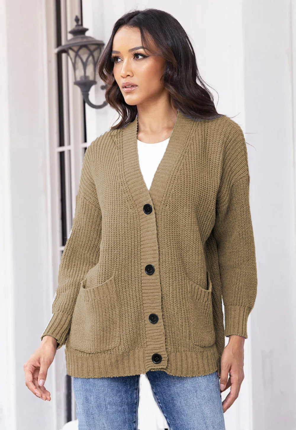 Damen Cardigan Grobstrick Mit Taschen V-Ausschnitt Beige