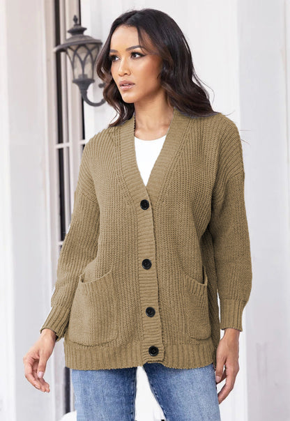 Damen Cardigan Grobstrick Mit Taschen V-Ausschnitt Beige