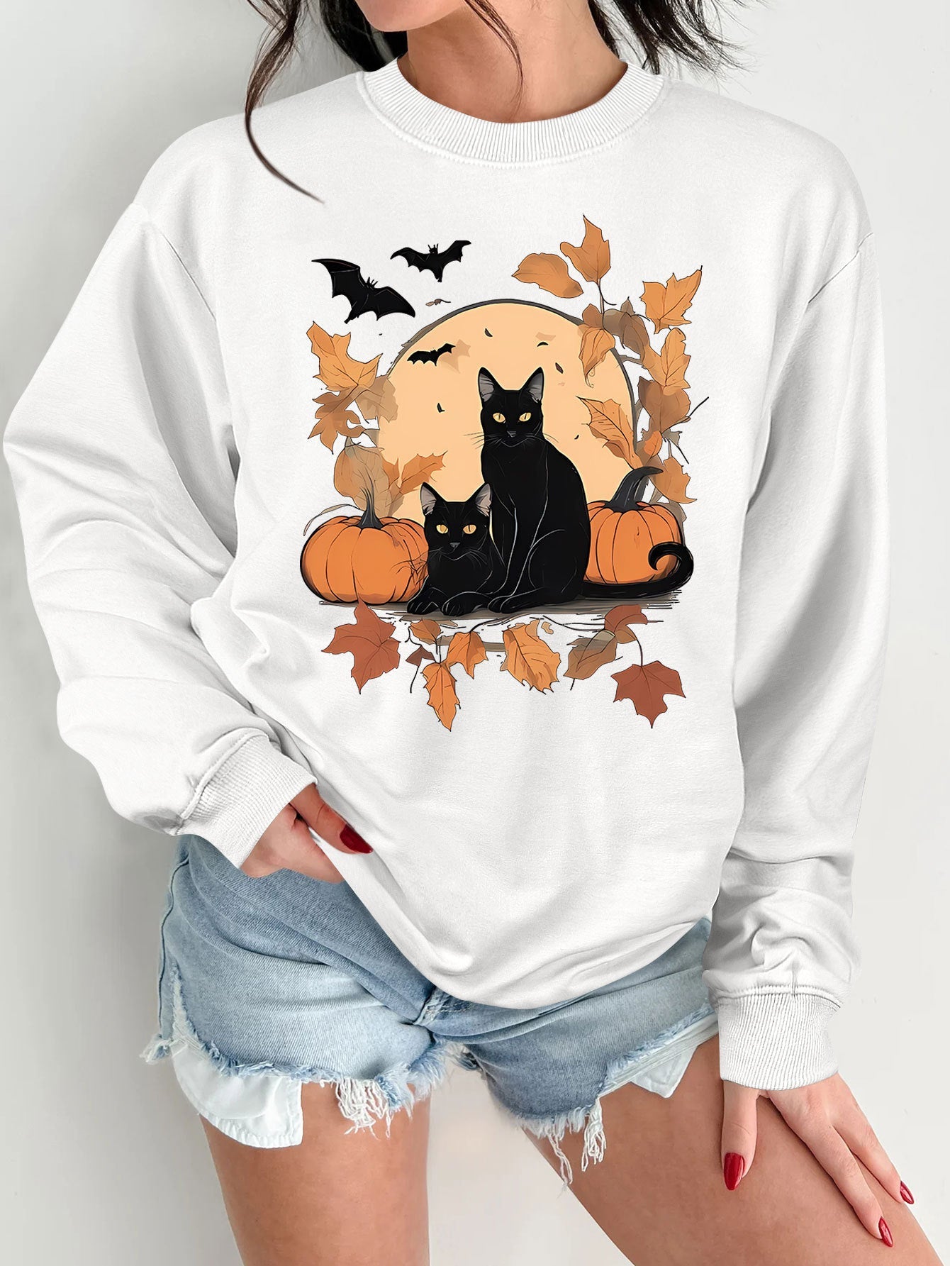 Damen Sweatshirt Herbstlich Katzen Kürbis Design Norvielle