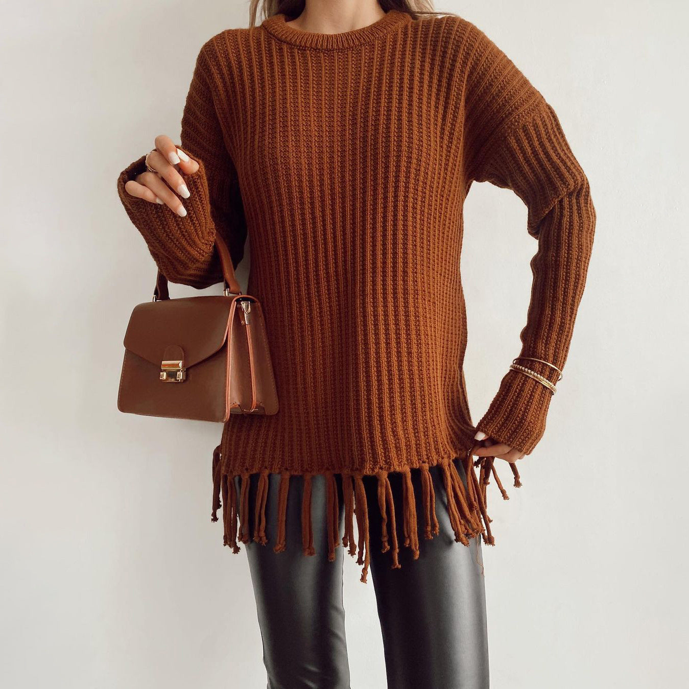 Damen Strickpullover Lässig Fransen Länge Ärmel Beige
