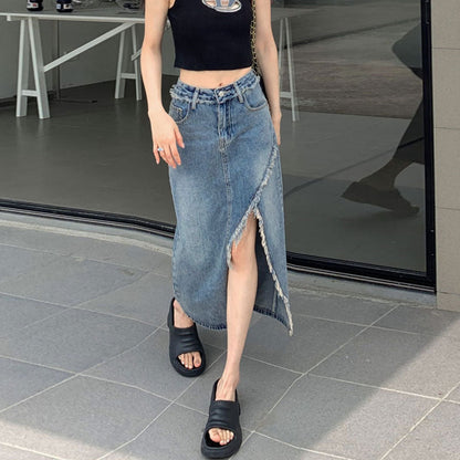 Damen Denim Midi-Rock Asymmetrischer Saum