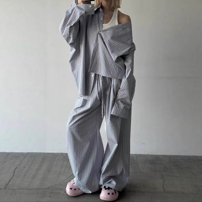 Damen Zweiteiler-Set Weite Hosen Gestreiftes Hemd