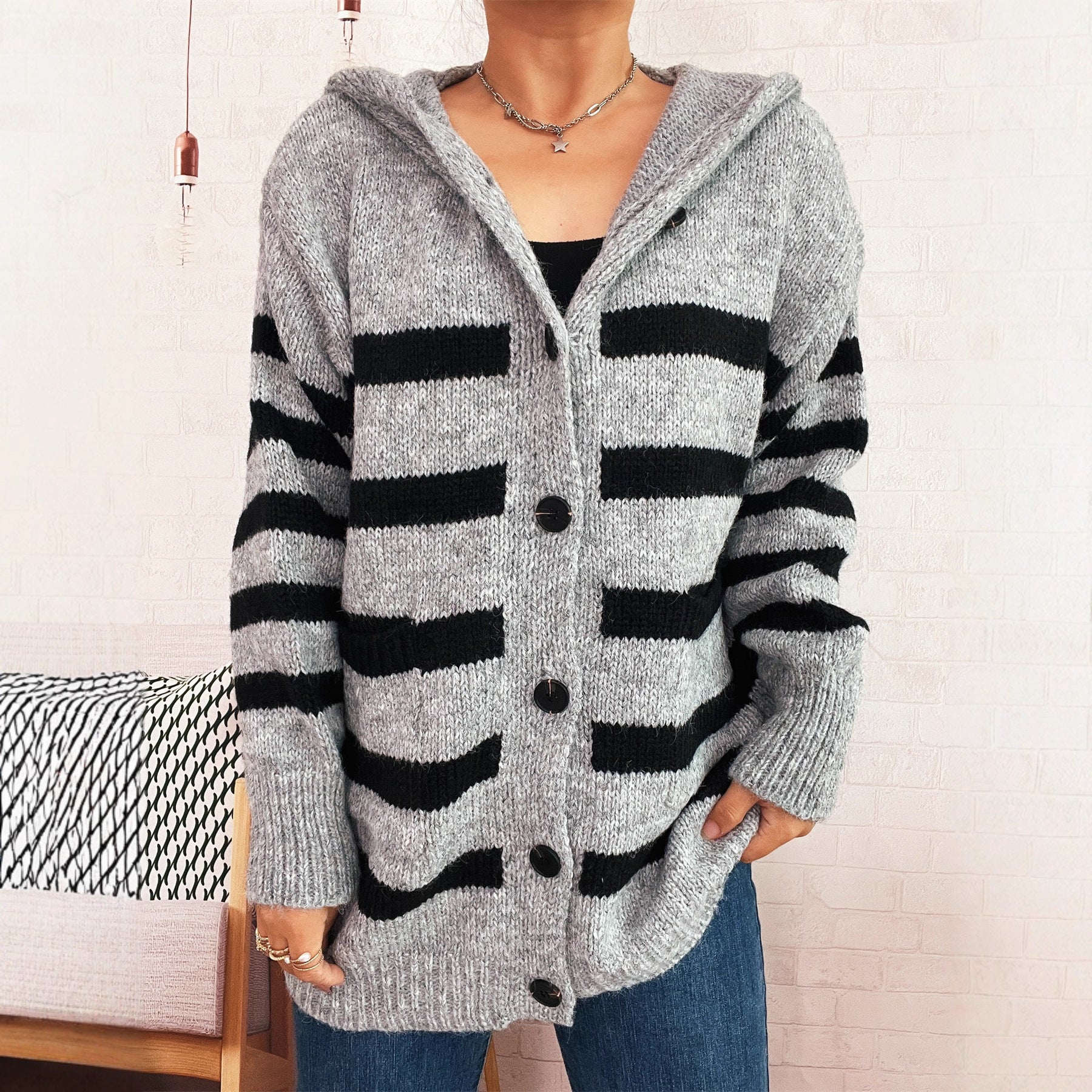 Damen Strickcardigan mit Kapuze und Streifen - Norvielle