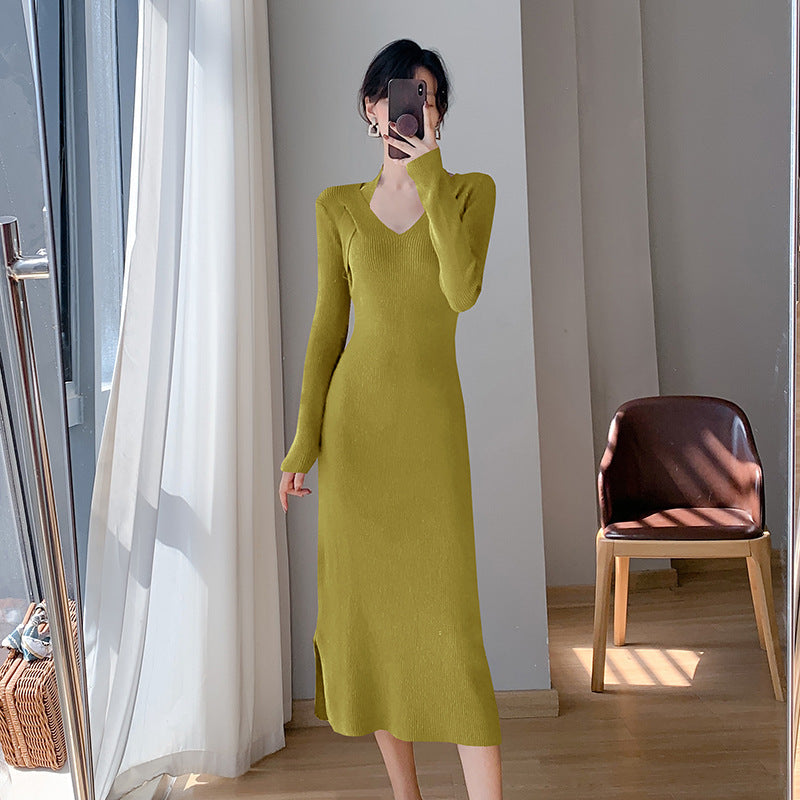 Damen Langärmliges Kleid V-Ausschnitt Seitlicher Schlitz Norvielle
