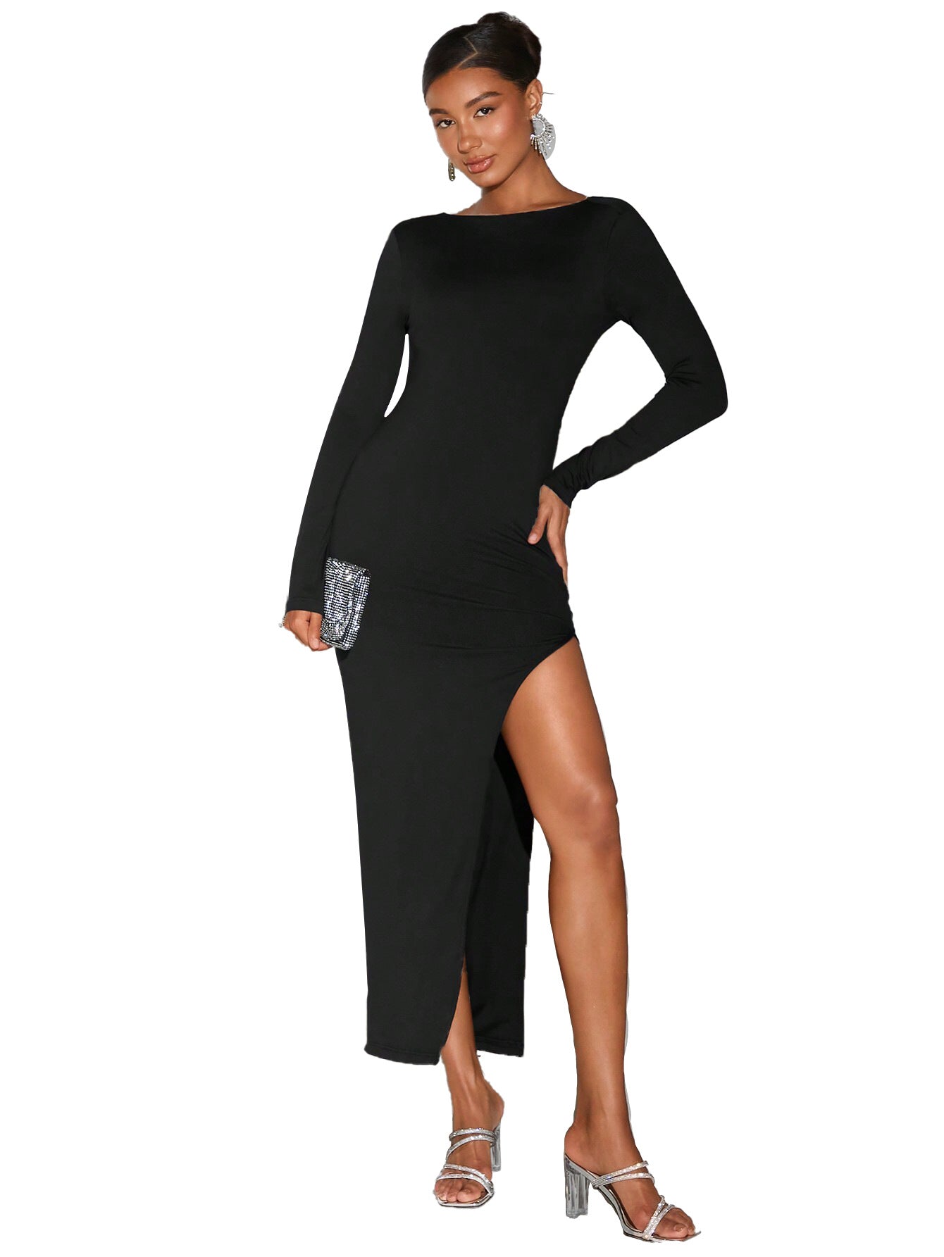 Damen Abendkleid Lang mit Glitzer-Seiteneinsatz und hohem Schlitz