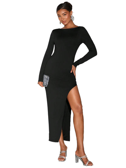 Damen Abendkleid Lang mit Glitzer-Seiteneinsatz und hohem Schlitz