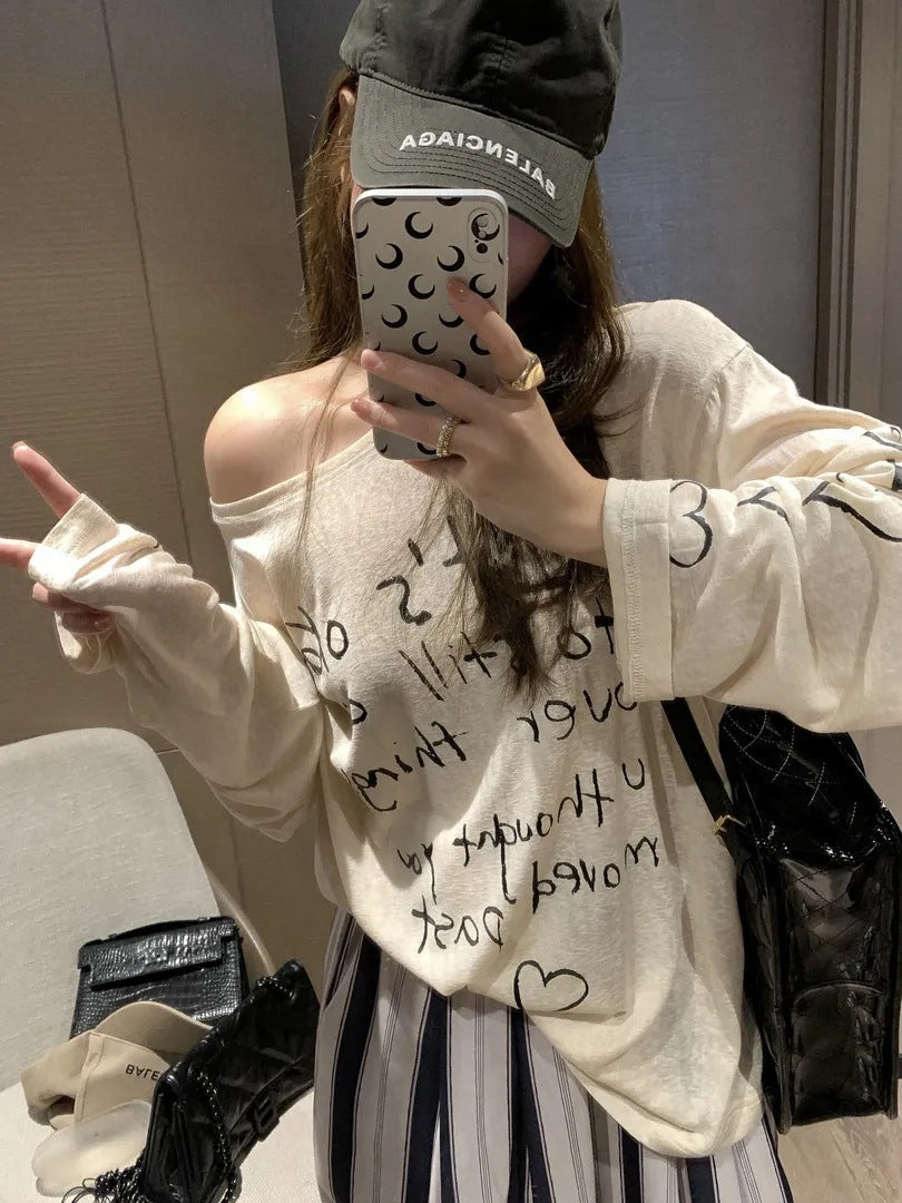 Damen Oversized-Oberteil Off-Shoulder mit Schriftzug