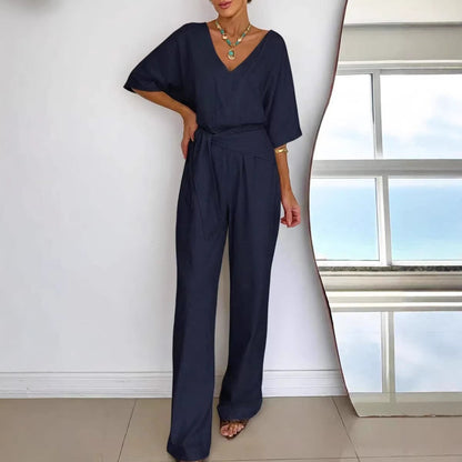 Damen Jumpsuit Tailliert Wickelgürtel Elegant