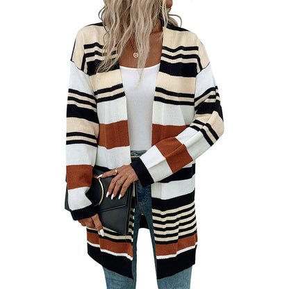 Damen Strickcardigan Lässig Weite Ärmel Streifen Beige