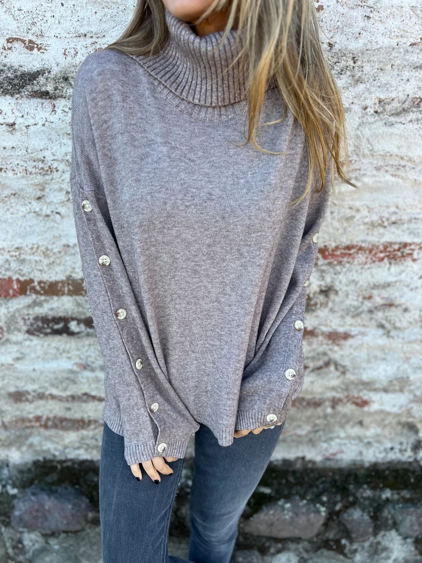 Damen Pullover Rollkragen Dekorativer Knopf Norvielle