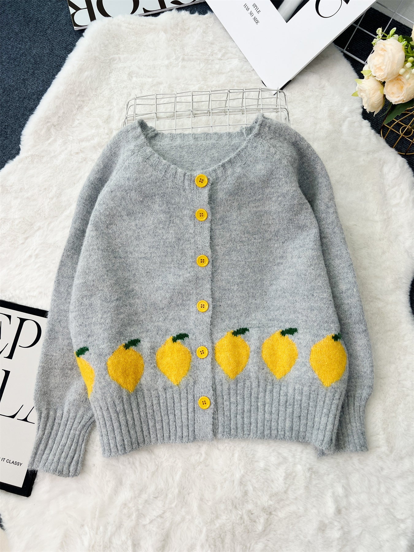 Damen Strickjacke Zitronen-Motiv Bunt Norvielle